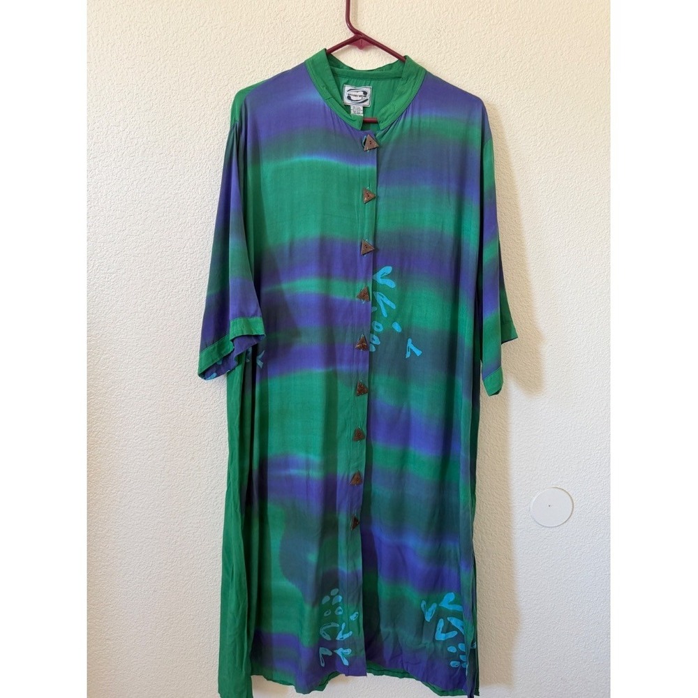 Resort Wear Womensโ Tie Dye Shirt Dress Green Purple Rayon One Size Boho Midi - Picture 2 of 16